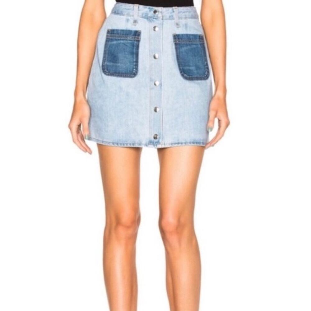 Rag & Bone Two Tone Denim Mini Skirt Snap Front Patch Pockets A-Line
